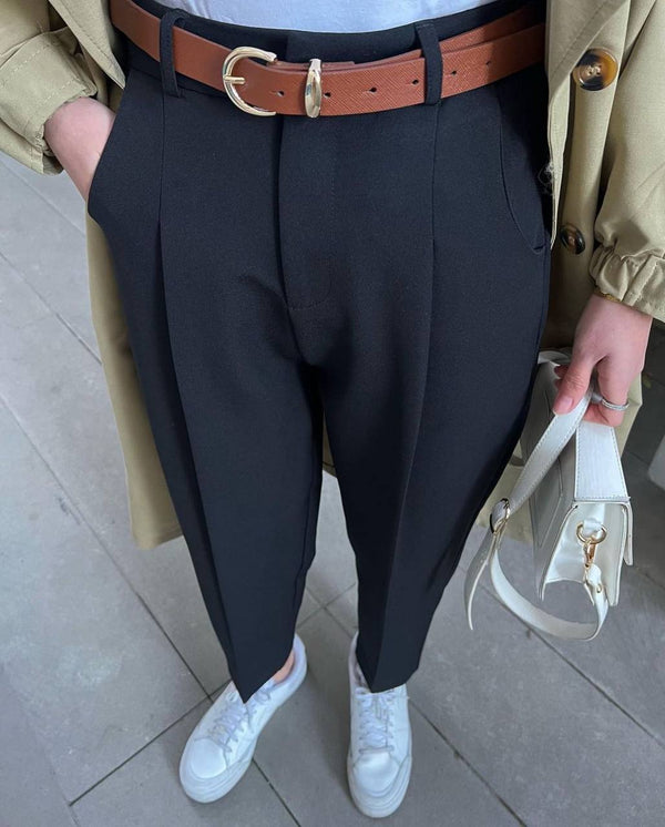 بنطلون مع كمر واربع جيوب - اسود - Sateen style