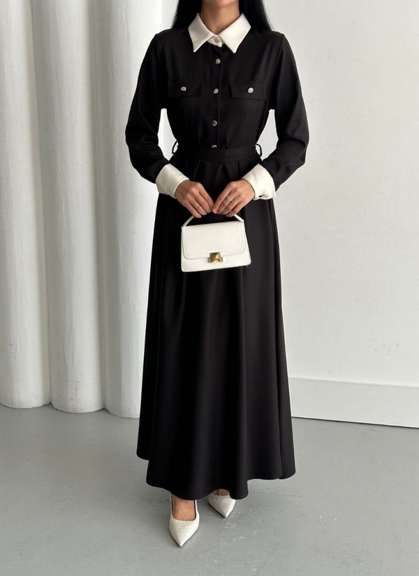 فستان قصة فرنسية اسود 6001 - Sateen style