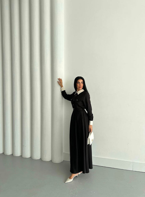 فستان قصة فرنسية اسود 6001 - Sateen style