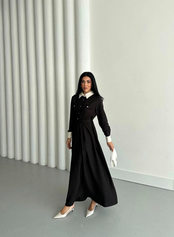 فستان قصة فرنسية اسود 6001 - Sateen style