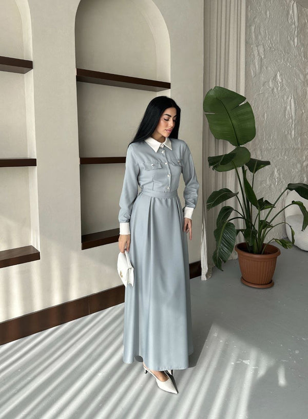 فستان قصة فرنسية سماوي 6001 - Sateen style