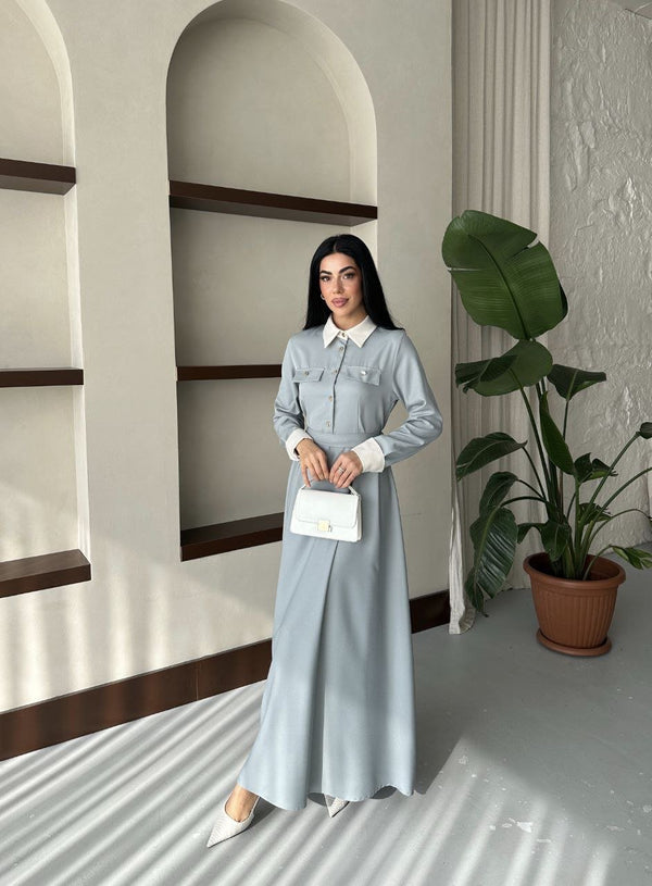 فستان قصة فرنسية سماوي 6001 - Sateen style