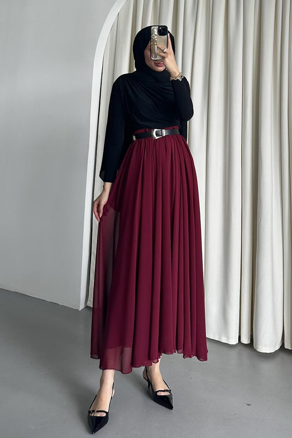 تنورة فيوليتا مع كمر - شيفون مبطنة برغندي - Sateen style