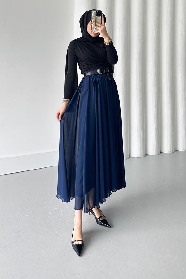 تنورة فيوليتا مع كمر - شيفون مبطنة كحلي - Sateen style